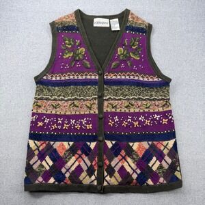 Donkenny Vintage Knit Sweater Vest Size M Purple Floral Argyle Cottagecore *FLAW